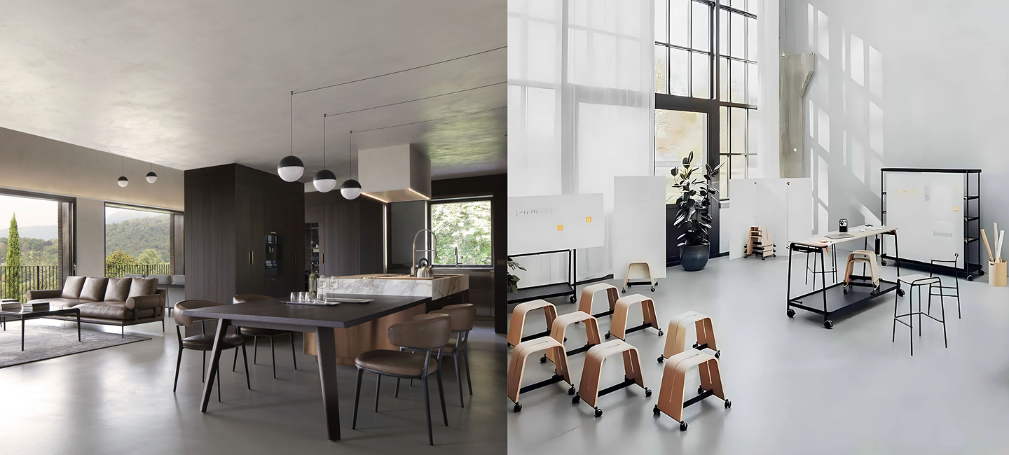 2 scénographies, un aménagement d'une pièce de vie et un aménagement de bureau