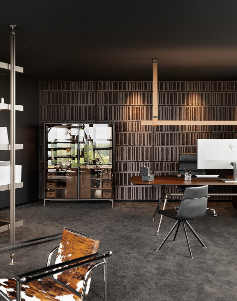 Aménagement très design dans des tons chauds de marron avec espace bureau et espace plus conviviale