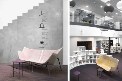 Deux images de l'intérieur d'une médiathèque moderne et grise